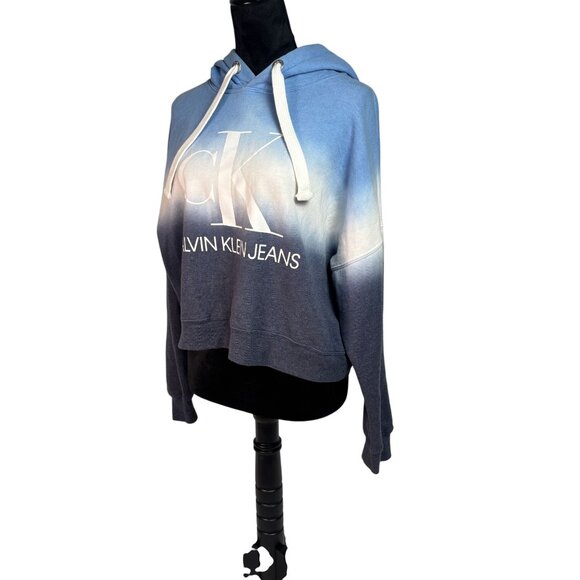 Calvin Klein Jeans Cropped Hooded Sweatshirt Drawstring Size Medium Blue and whi - Picture 5 of 11
